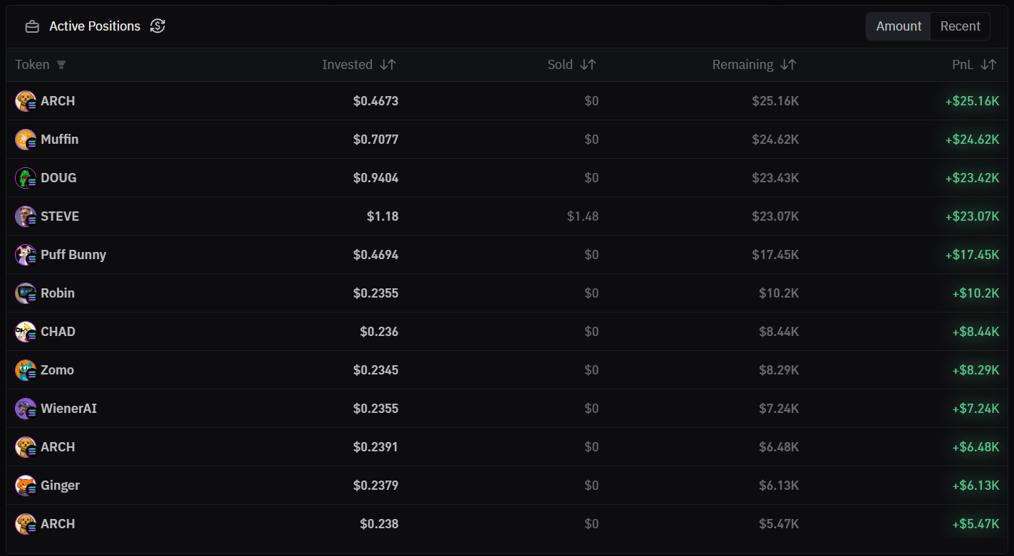 Crypto Messiah PanicSwap active positions list with positive PnL