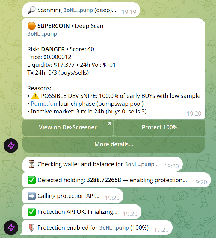 PanicSwap Telegram bot auto-protection enabled after rug warning